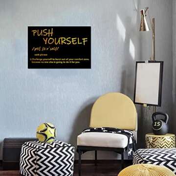 Black and Gold Wall Art School Motivational Quotes Push Yourself Canvas Print Classroom Inspirational Picture Wall Art Living Room Office Framed Golden Artwork 12x16inch