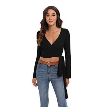 Famulily Women's Sexy Deep V Neck Bandage Surplice Wrap Crop Top,Black,Aisa M=US 6