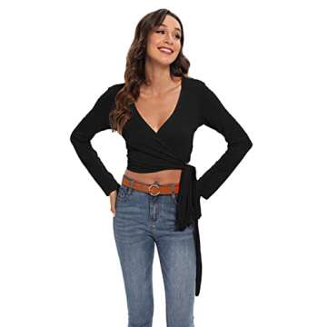 Famulily Women's Sexy Deep V Neck Bandage Surplice Wrap Crop Top,Black,Aisa M=US 6