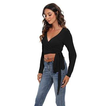 Famulily Women's Sexy Deep V Neck Bandage Surplice Wrap Crop Top,Black,Aisa M=US 6