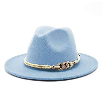 Gossifan Lady Fashion Wide Brim Felt Fedora Panama Hat with Ring Belt Baby Blue