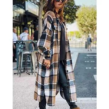 Omoone Women's Flannel Plaid Shacket Fall Oversized Long Button Down Shirt Jacket Shackets(Brown-XS)