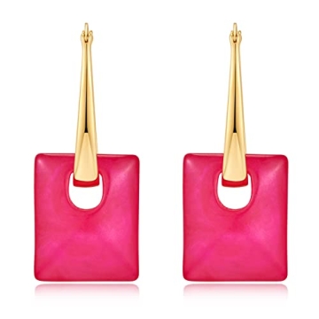 Magenta Square Dangle Earrings for Women Lightweight Rose Red Geometric Pendant Hoop Earrings Fashio...