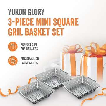 Yukon Glory™ Grilling Basket Set – 3-Piece 9x9x2 Stainless Steel Square Grill Baskets for Outdoo...