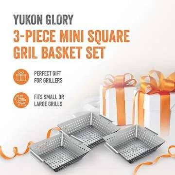 Yukon Glory™ Grilling Basket Set – 3-Piece 9x9x2 Stainless Steel Square Grill Baskets for Outdoo...
