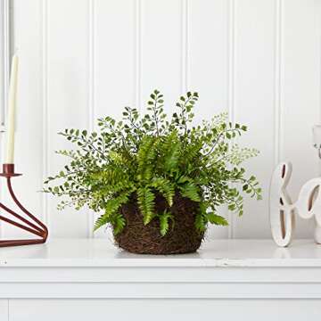 Nearly Natural Mixed Fern with Twig and Moss Basket