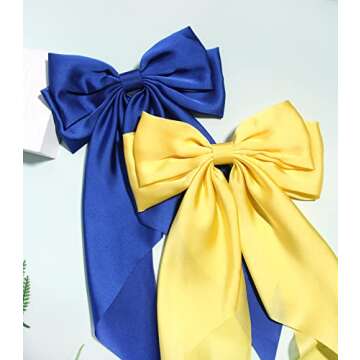 Furling Pompoms Satin Bow Barrettes with Long Tails - Purple and Yellow - Pack of 2 Hair Accessories for Women