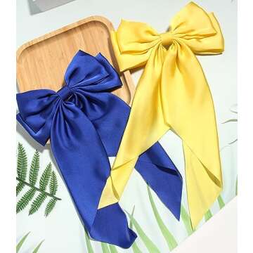 Furling Pompoms Satin Bow Barrettes with Long Tails - Purple and Yellow - Pack of 2 Hair Accessories for Women