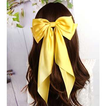 Furling Pompoms Satin Bow Barrettes with Long Tails - Purple and Yellow - Pack of 2 Hair Accessories for Women