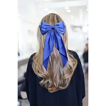 Furling Pompoms Satin Bow Barrettes with Long Tails - Purple and Yellow - Pack of 2 Hair Accessories for Women