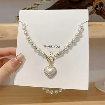 GELMOINY Pearl Necklaces for Women，6mm Faux Pearl Necklace，14K Gold Plated Heart Pearl Necklace,...