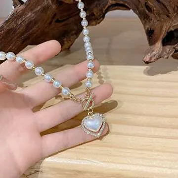 GELMOINY Pearl Necklaces for Women，6mm Faux Pearl Necklace，14K Gold Plated Heart Pearl Necklace,Fashion Accessories is Perfect for any Occasion It's a Dainty Pearl Necklace