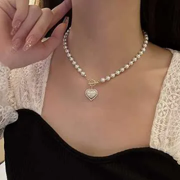GELMOINY Pearl Necklaces for Women，6mm Faux Pearl Necklace，14K Gold Plated Heart Pearl Necklace,Fashion Accessories is Perfect for any Occasion It's a Dainty Pearl Necklace