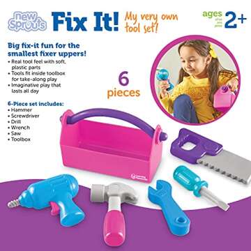 Learning Resources New Sprouts Fix It!, Pink Pretend Play Toy Tool Set for Toddlers, Develops Fine Motor Skills with Imaginative Construction Tools, Gift for Boys and Girls, 6 Pieces, Ages 2+
