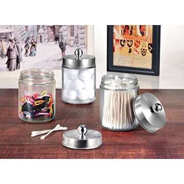 Amolliar Apothecary Jars Bathroom Vanity Organizer -Countertop Canister Jar with Storage Lid - Qtip Dispenser Holder Glass for Qtips,Cotton Swabs,Makeup Sponges ,Hair Band - Brushed Nickel (1 Pack)