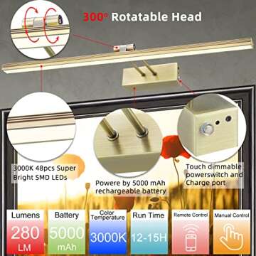 FUNCHDAY Picture Light,5000mAh Battery Operated Picture Light for Wall,Wireless Remote Painting Ligh...