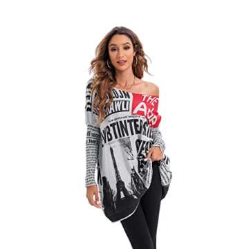 ellazhu Womens Long Sleeve Casual Sweatershirt Pullover Newspaper Painting Crewneck T Shirts GY269 Grey