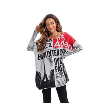 ellazhu Womens Long Sleeve Casual Sweatershirt Pullover Newspaper Painting Crewneck T Shirts GY269 Grey