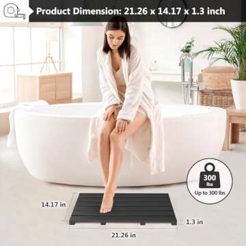 Domax Wooden Bamboo Bath Shower Mat- Non-Slip Waterproof Large Bathroom Floor Mat for Indoor Outdoor (Black, 21.26 x 14.17 x 1.3 Inches)