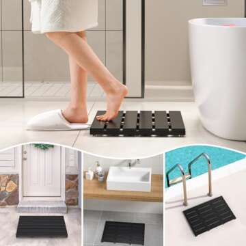 Domax Wooden Bamboo Bath Shower Mat- Non-Slip Waterproof Large Bathroom Floor Mat for Indoor Outdoor (Black, 21.26 x 14.17 x 1.3 Inches)