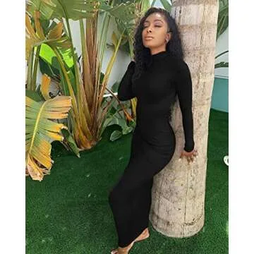 Memoriesea Women's Fall Turtleneck Long Sleeve Ribbed Slim Bodycon Maxi Dress Black