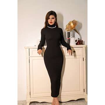 Memoriesea Women's Fall Turtleneck Long Sleeve Ribbed Slim Bodycon Maxi Dress Black