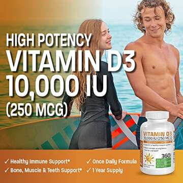 Bronson Vitamin D3 10,000 IU (250 mcg) High Potency - Supports Healthy Immune System, Strong Bones, Muscles & Teeth - Non GMO, 360 Softgels (1 Year Supply)