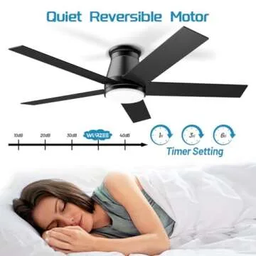 Wurzee 52" Flush Mount Low Profile Ceiling Fan, Black, 6 Speeds DC Reversible Motor, Timing, Dimmable for Indoor, Patio, Porch, Garage, Shop, Factory, Warehouse