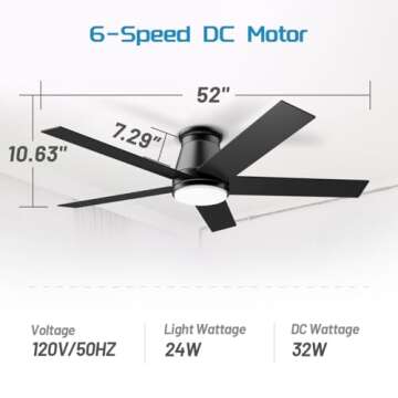 Wurzee 52" Flush Mount Low Profile Ceiling Fan, Black, 6 Speeds DC Reversible Motor, Timing, Dimmable for Indoor, Patio, Porch, Garage, Shop, Factory, Warehouse