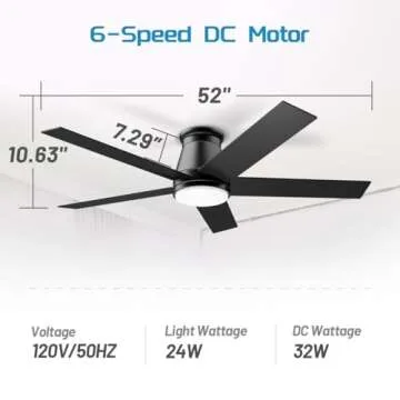 Wurzee 52" Flush Mount Low Profile Ceiling Fan, Black, 6 Speeds DC Reversible Motor, Timing, Dimmable for Indoor, Patio, Porch, Garage, Shop, Factory, Warehouse