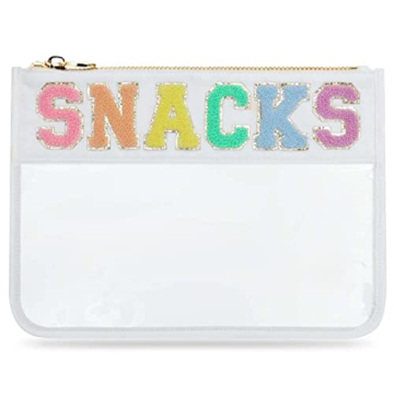 Sage Nation Chenille Letter Snack Pouch - PVC and Nylon Clear Snack Bag for Travel and Organization, Glitter Travel Bag With Zipper For Women and Children, White Snacks Bag, Chenille Letter Bag