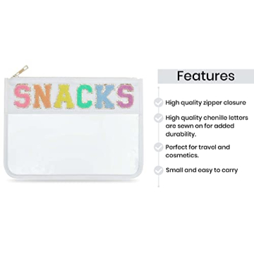 Sage Nation Chenille Letter Snack Pouch - PVC and Nylon Clear Snack Bag for Travel and Organization, Glitter Travel Bag With Zipper For Women and Children, White Snacks Bag, Chenille Letter Bag