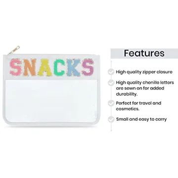 Sage Nation Chenille Letter Snack Pouch - PVC and Nylon Clear Snack Bag for Travel and Organization, Glitter Travel Bag With Zipper For Women and Children, White Snacks Bag, Chenille Letter Bag