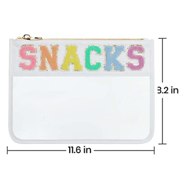 Sage Nation Chenille Letter Snack Pouch - PVC and Nylon Clear Snack Bag for Travel and Organization, Glitter Travel Bag With Zipper For Women and Children, White Snacks Bag, Chenille Letter Bag