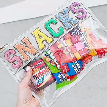Sage Nation Chenille Letter Snack Pouch - PVC and Nylon Clear Snack Bag for Travel and Organization, Glitter Travel Bag With Zipper For Women and Children, White Snacks Bag, Chenille Letter Bag