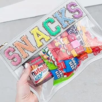 Sage Nation Chenille Letter Snack Pouch - PVC and Nylon Clear Snack Bag for Travel and Organization, Glitter Travel Bag With Zipper For Women and Children, White Snacks Bag, Chenille Letter Bag