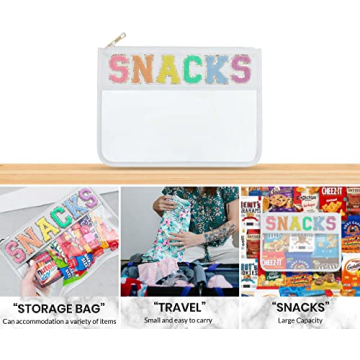 Sage Nation Chenille Letter Snack Pouch - PVC and Nylon Clear Snack Bag for Travel and Organization, Glitter Travel Bag With Zipper For Women and Children, White Snacks Bag, Chenille Letter Bag