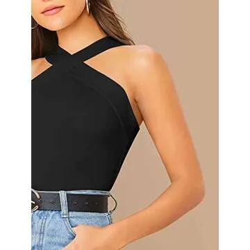 Verdusa Women's Casual Crisscross Sleeveless Form Fitting Tank Halter Top Black M