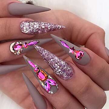 12 Grids Crystal AB Nail Rhinestones for Nails, Colored Nail Jewels for Nail Art, Multi Shapes Clear Rhinestones for Crafts for Women DIY, Acrylic Nail Gems with Box (Purple)