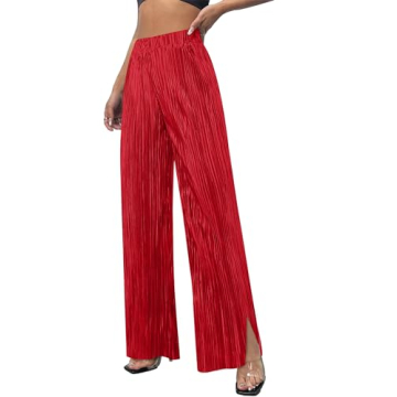 CXXQ Wide Leg Pants for Women Casual High Waist Pleated Long Palazzo Pants Dress Trousers Red S