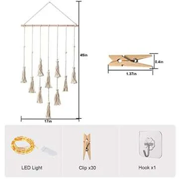 styleonme Frames & Holders Collage Photo Board Light with 30 Clip, Macrame Wall Hanging Boho Bedroom Decor, Teenage Teen Girl Gifts, Birthday Gifts for Grandma, Mom, Women（White）