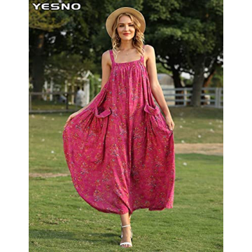 YESNO Women's Boho Maxi Dress with Pockets Adjustable Straps