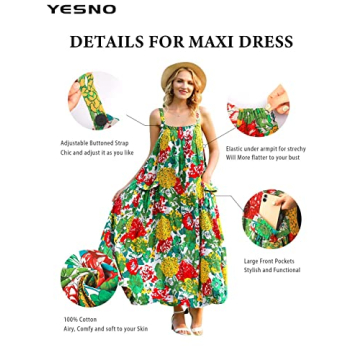 YESNO Women's Boho Maxi Dress with Pockets Adjustable Straps