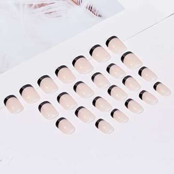 RikView Acrylic Press on Nails French Tip Nails Oval Glossy Fake/ False Nails with Design Full Cover (Black)