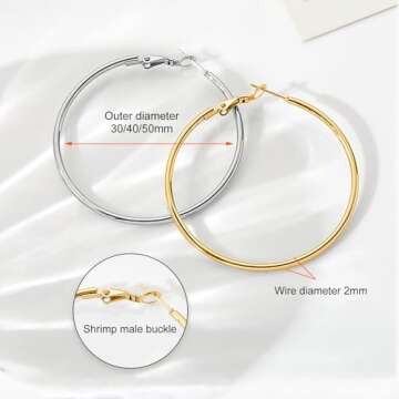 6 Pairs Silver Gold Two Tone Big Hoop Earrings for Women | 14K Real Gold Plated Hypoallergenic Large Womens Hoops Earrings Set for Women 3 Sizes (30/40/50mm)