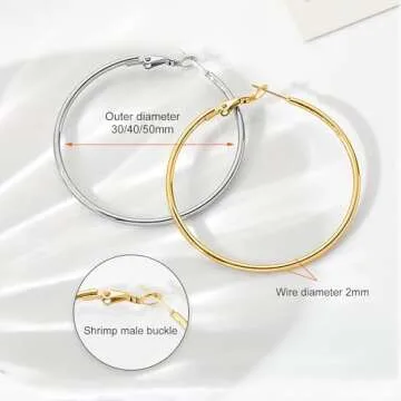 6 Pairs Silver Gold Two Tone Big Hoop Earrings for Women | 14K Real Gold Plated Hypoallergenic Large Womens Hoops Earrings Set for Women 3 Sizes (30/40/50mm)