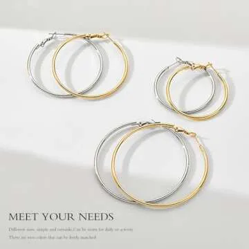 6 Pairs Silver Gold Two Tone Big Hoop Earrings for Women | 14K Real Gold Plated Hypoallergenic Large Womens Hoops Earrings Set for Women 3 Sizes (30/40/50mm)