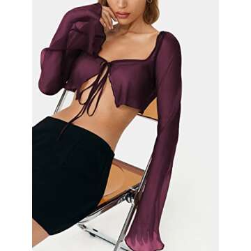 Remidoo Women's Open Front Long Sleeve Sheer Mesh See Through Crop Top Maroon Small
