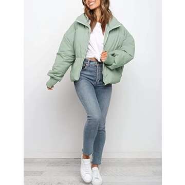 InterNos Women's Winter Stand Collar Zip Puffer Jacket - Light Green, Baggy Style