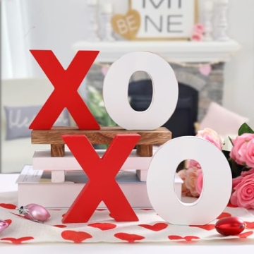 Valentines Day Decor-Wooden XOXO Tabletop Sign-Classic White Red Valentines Decorations for Home Tab...